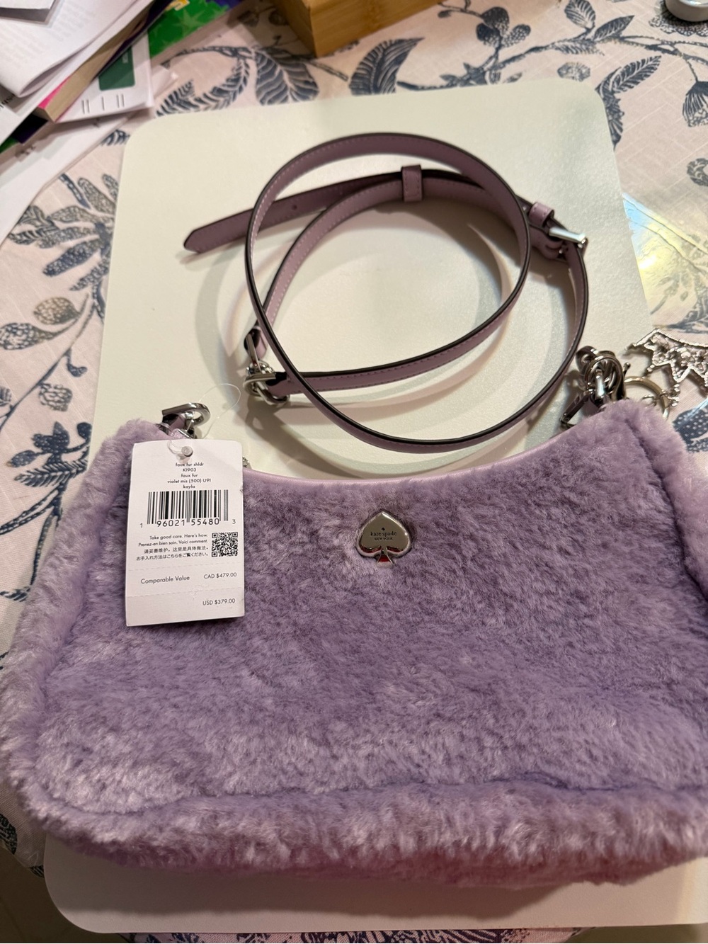 kate spade lavender faux-fur shoulder bag with silver spade logo - Picture 9 of 11